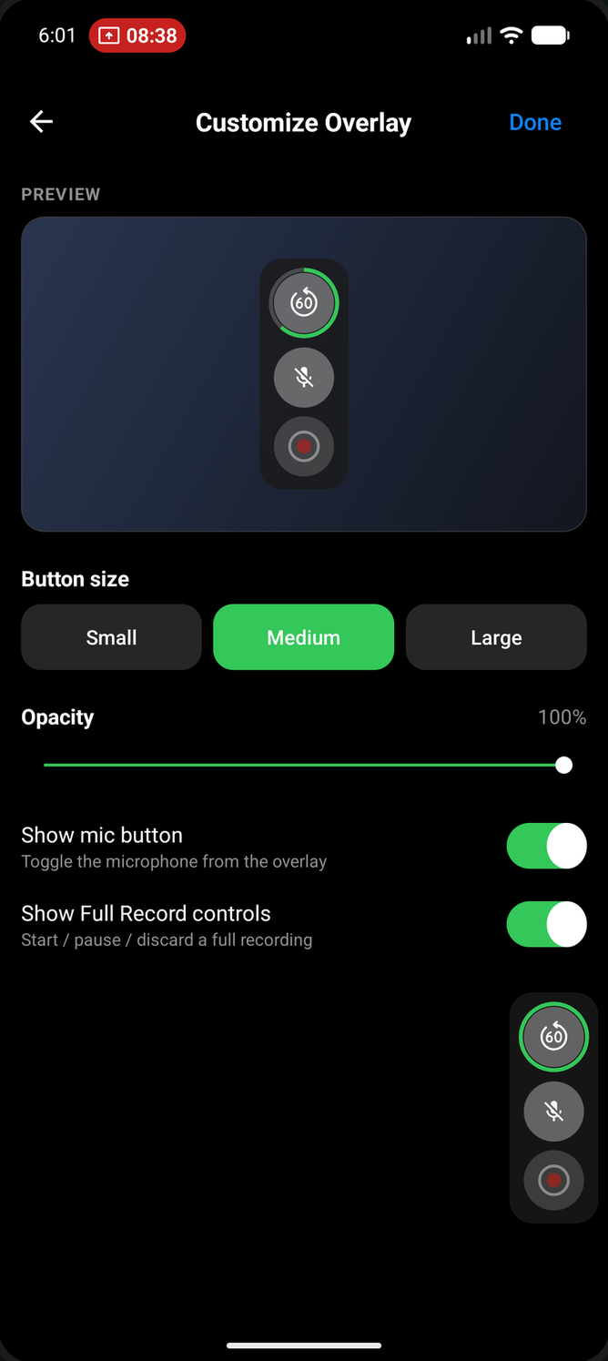 Customize Overlay screen with button size, opacity, and live preview