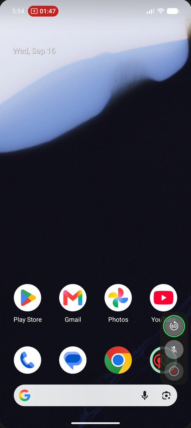 Replay Recorder's floating save overlay on an Android home screen during a replay session