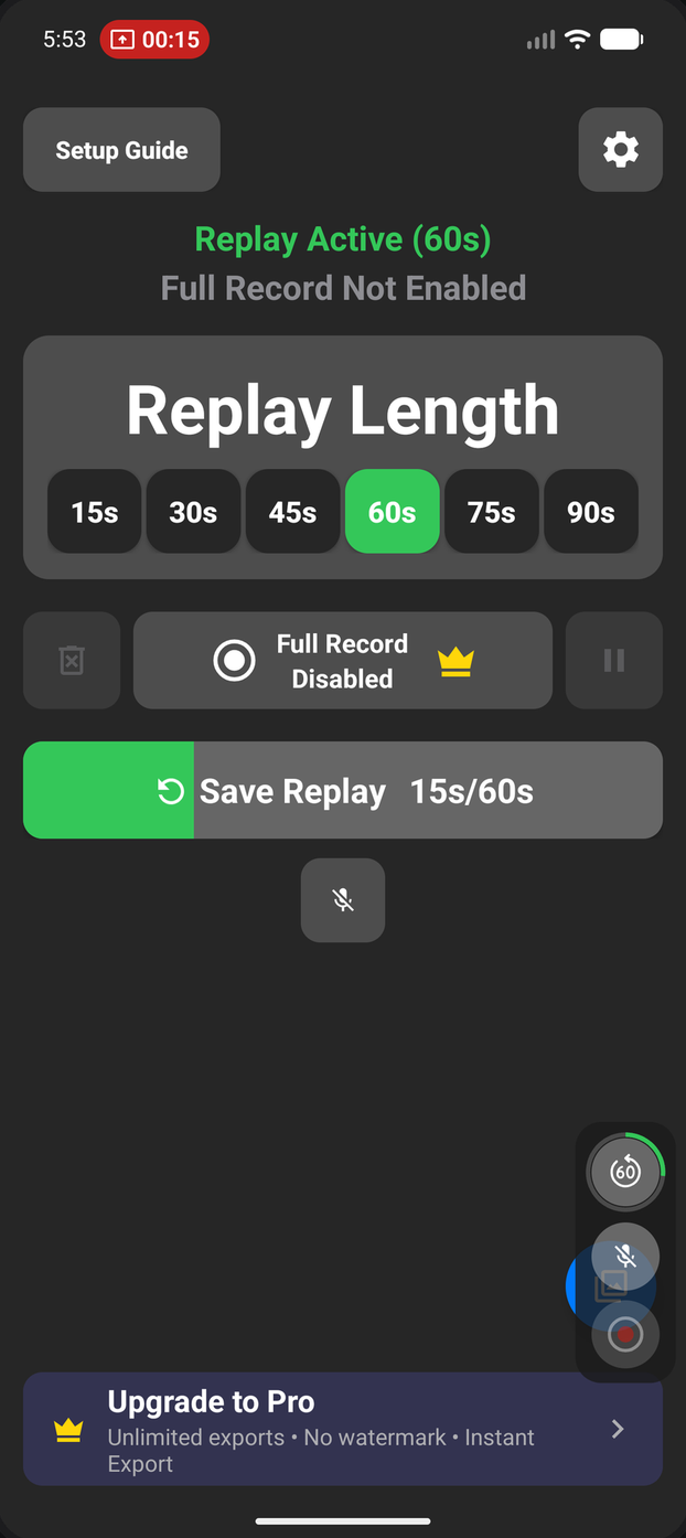 Android app with an active replay and the Full Record control