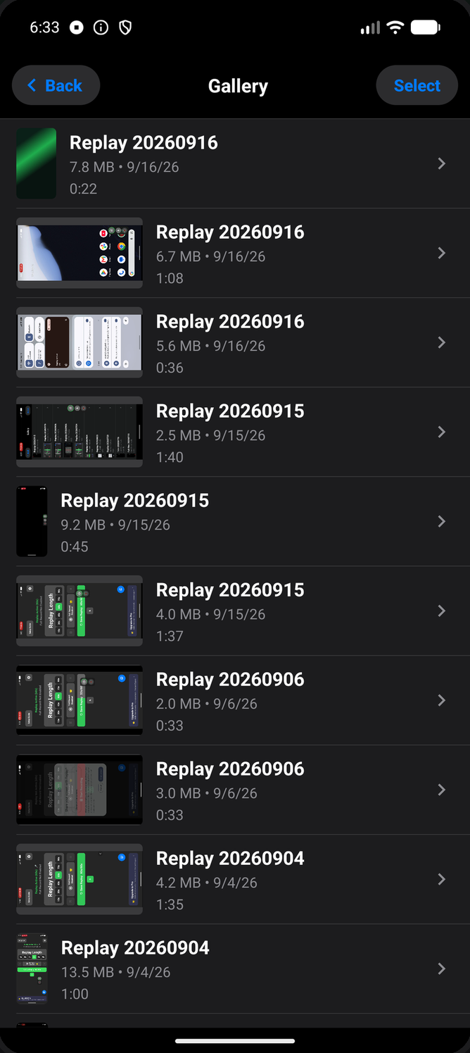 Android gallery of saved replays with file sizes and durations