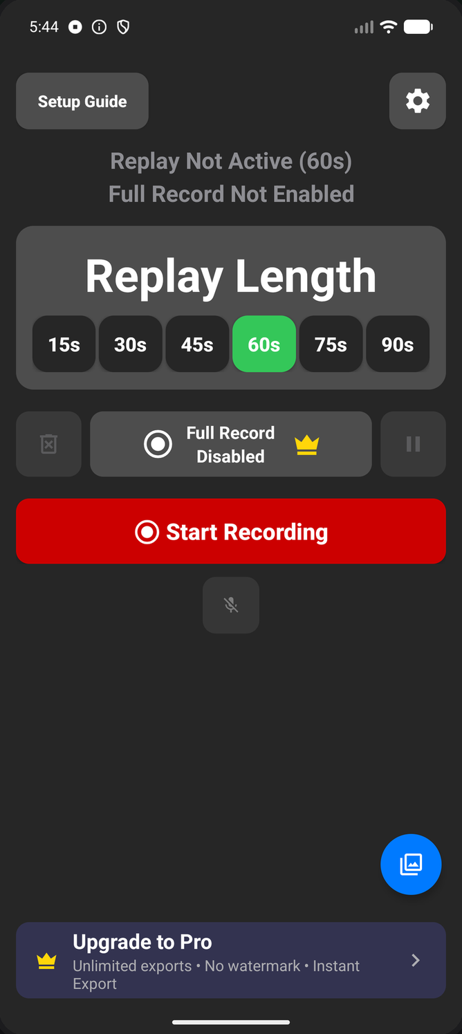 Replay Length picker on Android showing 15 to 90 second options