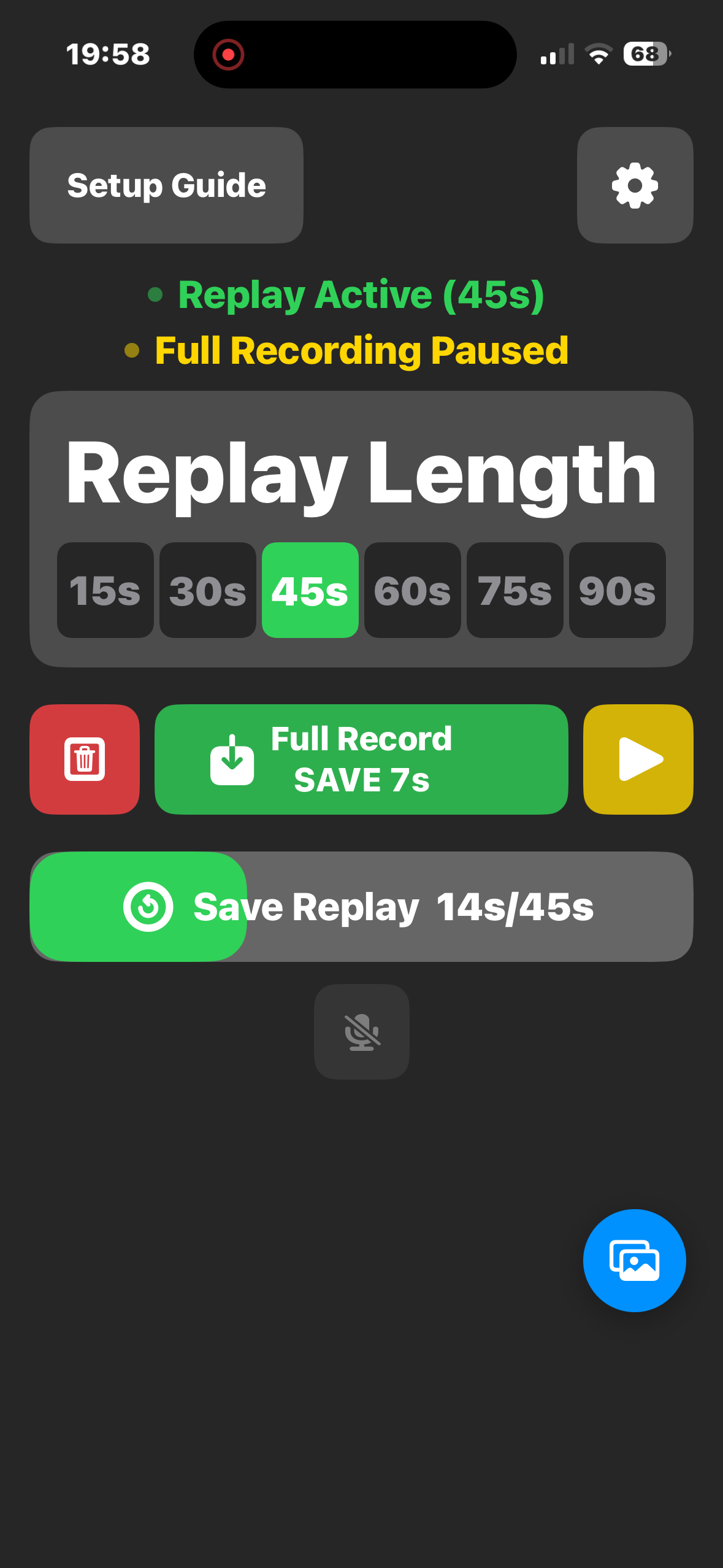 Replay Recorder app showing an active replay buffer with a full recording being saved