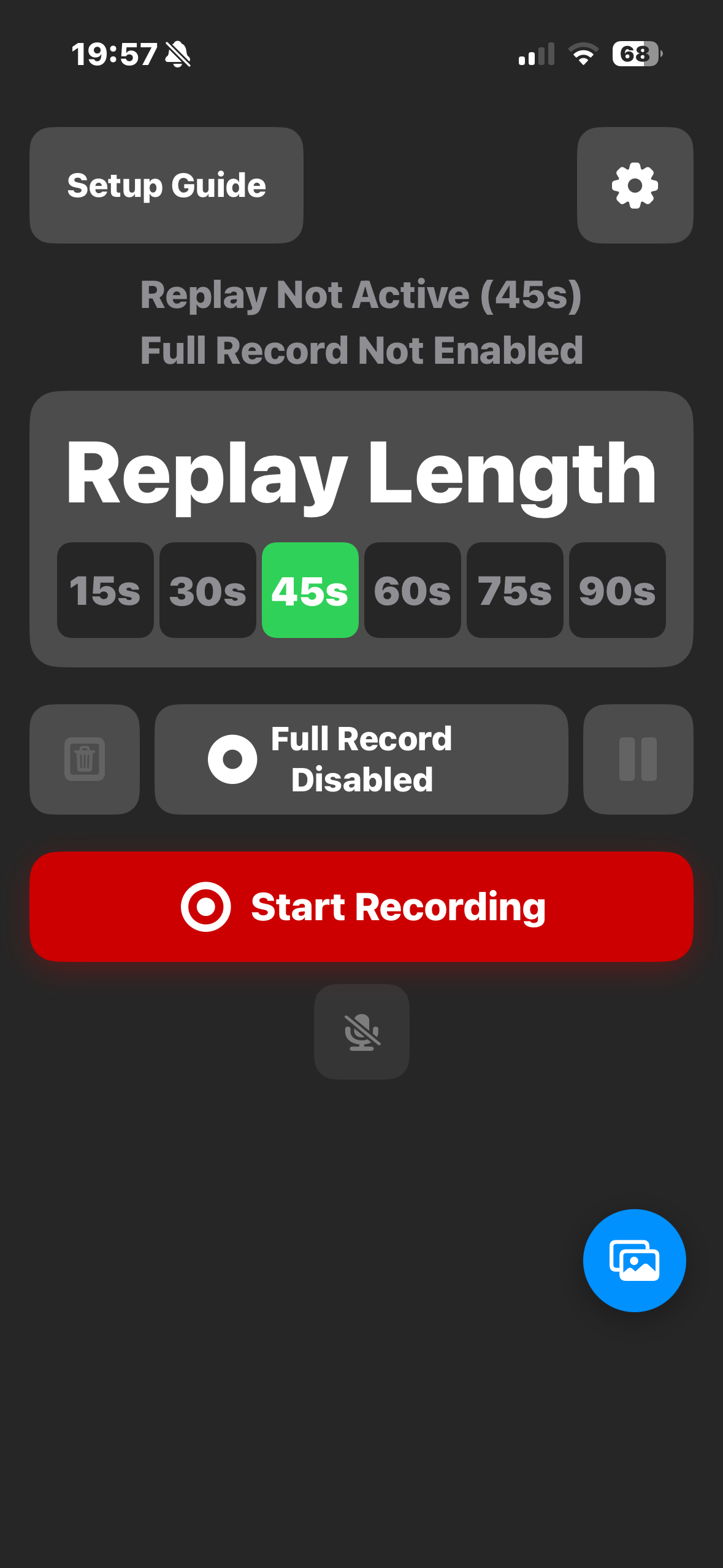 Replay Length picker showing 15 to 90 second options